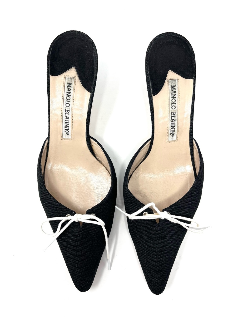 Vintage Manolo Blahnik Y2K Black Denim White Lace Up Bow Mules Kitten Heels 37.5 - Picture 2 of 9